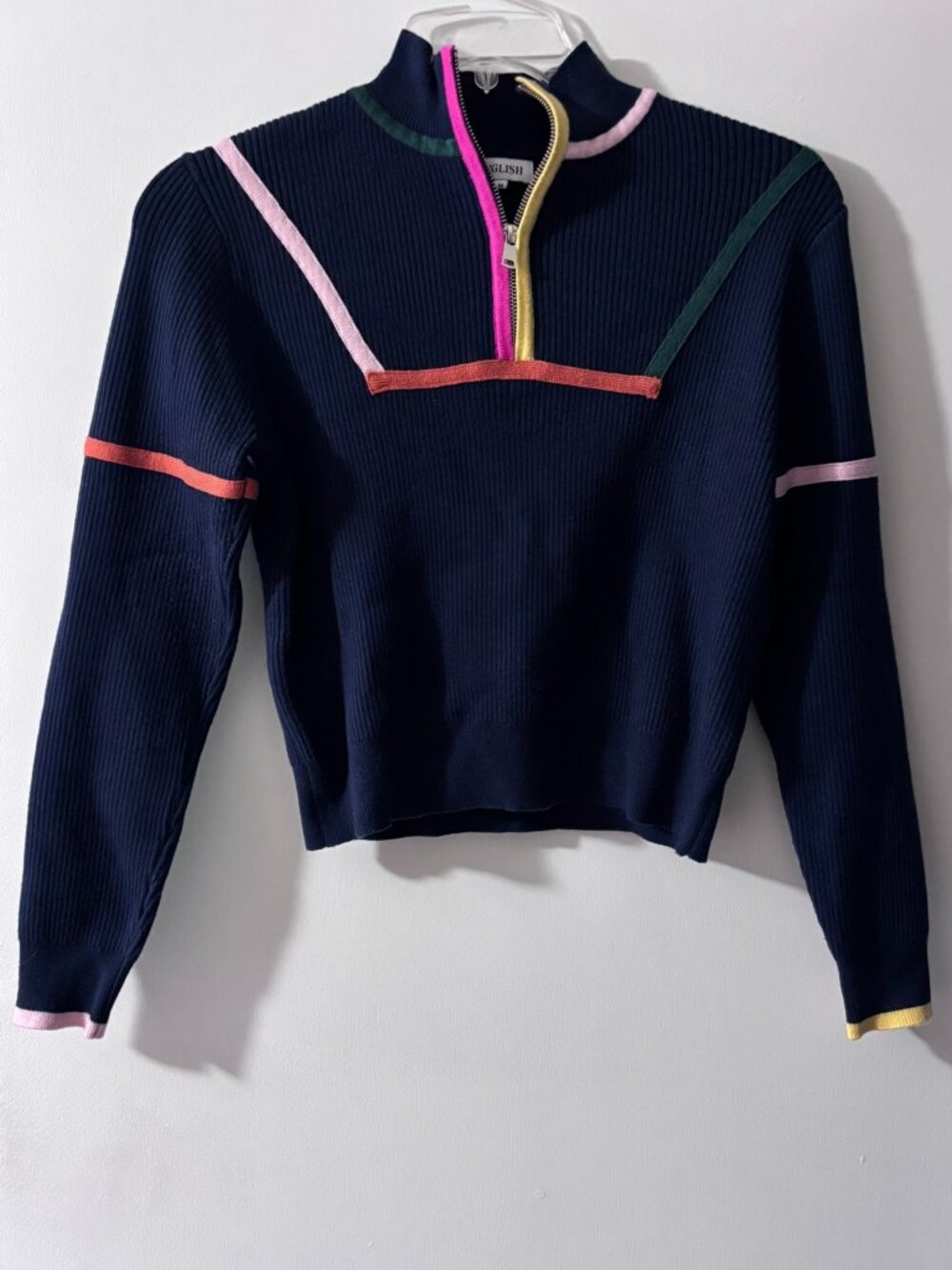 English Factory Navy Colorblock Ribbed Knit Quarter Zip Crop Sweater M